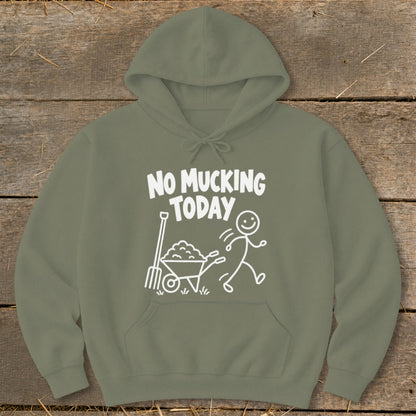 Green hoodie with white text and cartoon depicting a stick figure running from a wheelbarrow and pitchfork.