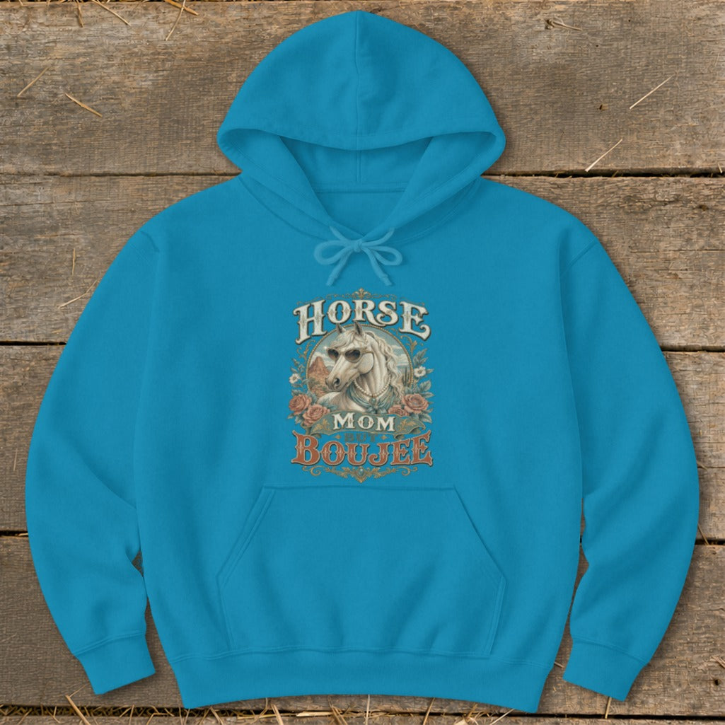 Turquoise hoodie with "Horse Mom Boujee" graphic featuring a horse wearing sunglasses.
