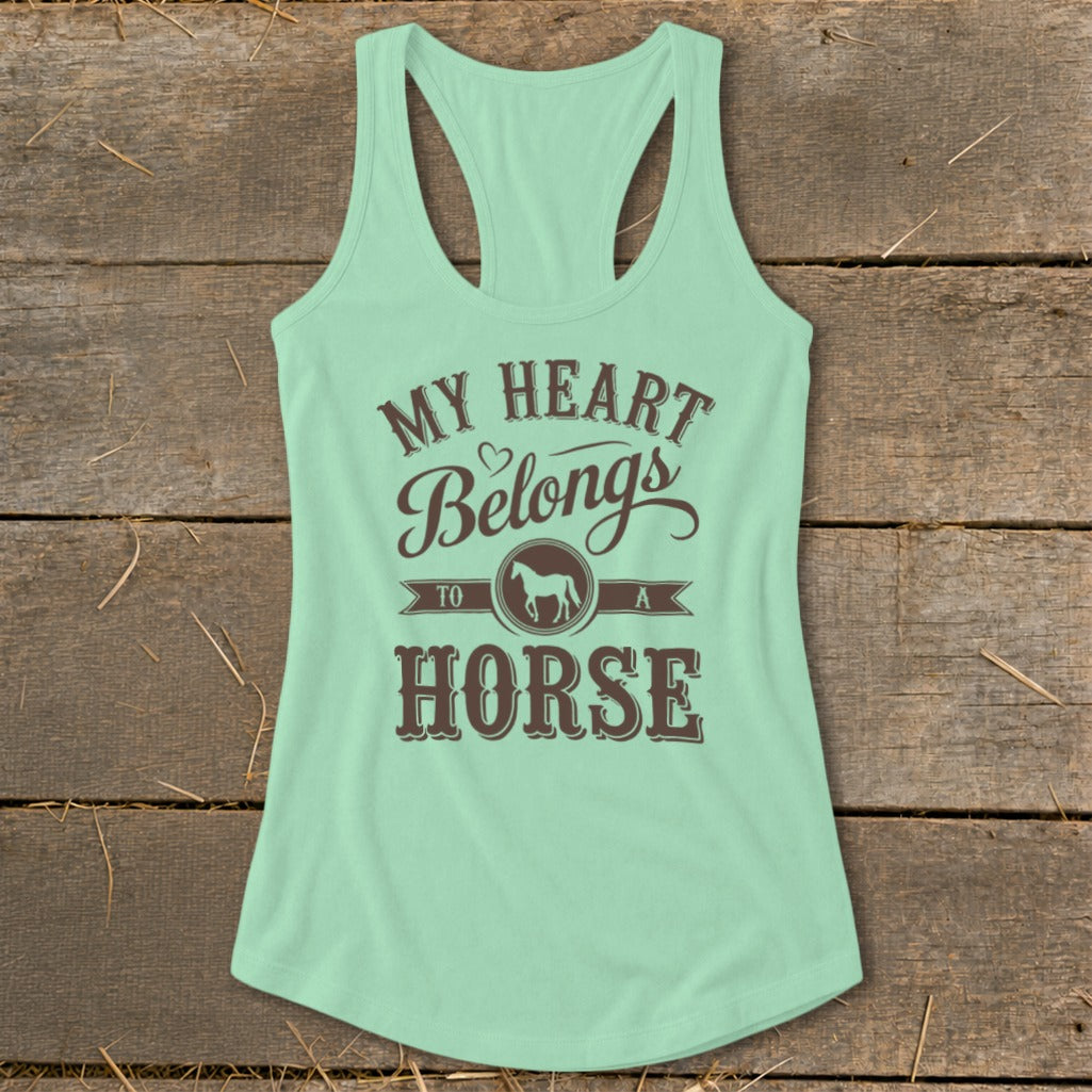 Mint green tank top with "My Heart Belongs to a Horse" text and horse graphic.
