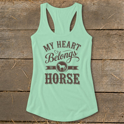 Mint green tank top with "My Heart Belongs to a Horse" text and horse graphic.