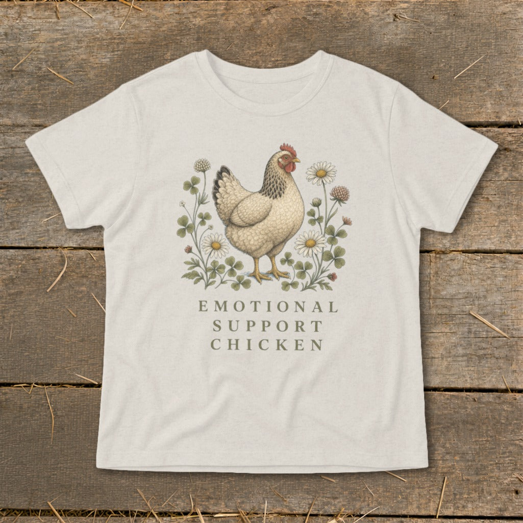 T-shirt with a chicken illustration and text that reads "EMOTIONAL SUPPORT CHICKEN".