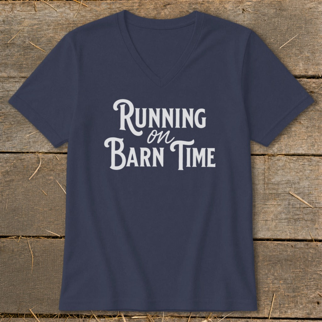 Navy v-neck t-shirt with white text "Running on Barn Time"