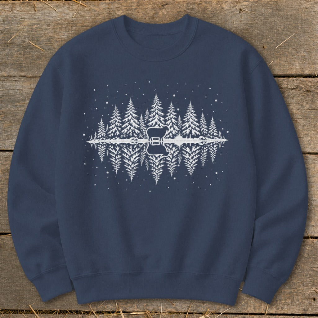 Dark blue sweatshirt with white graphic of sheep, pine trees, and reflection on water.