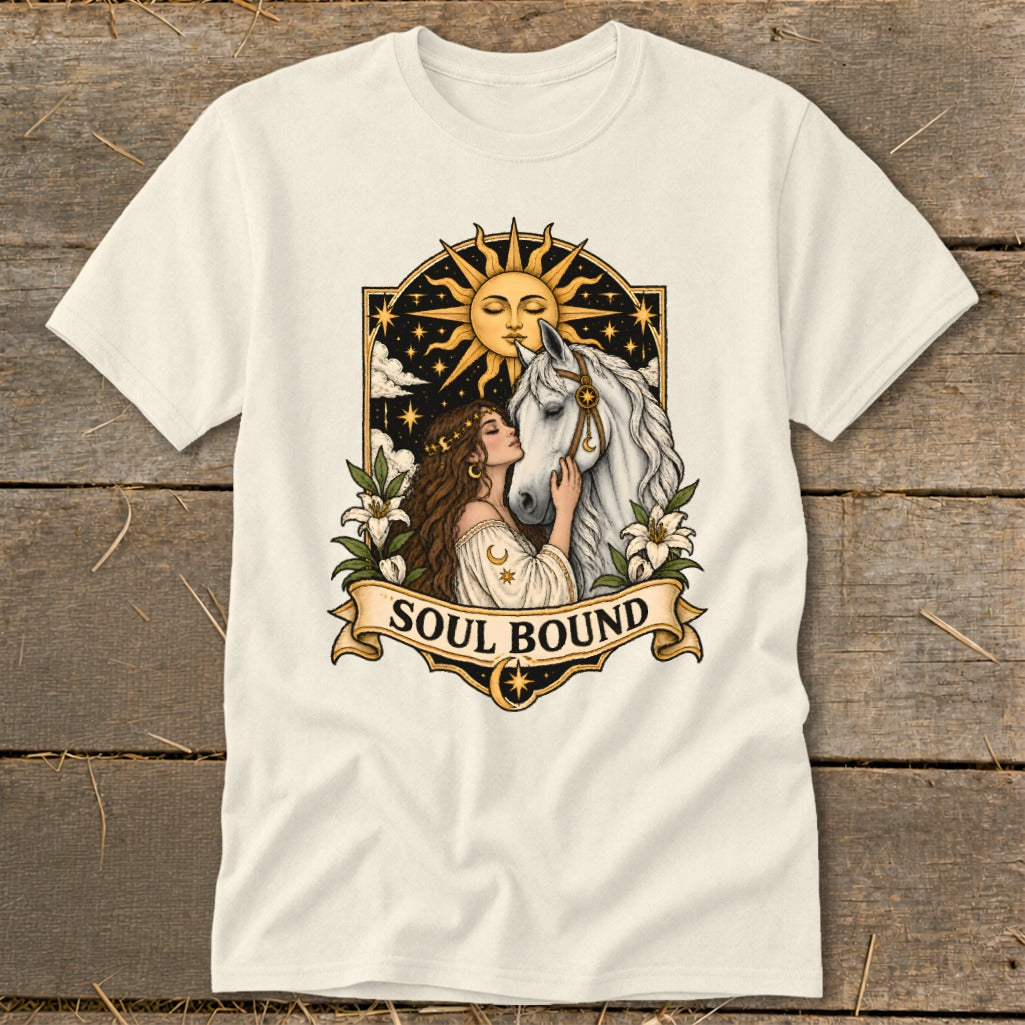 Woman with long brown hair nuzzles a white horse under a sun and starry sky, text "SOUL BOUND".