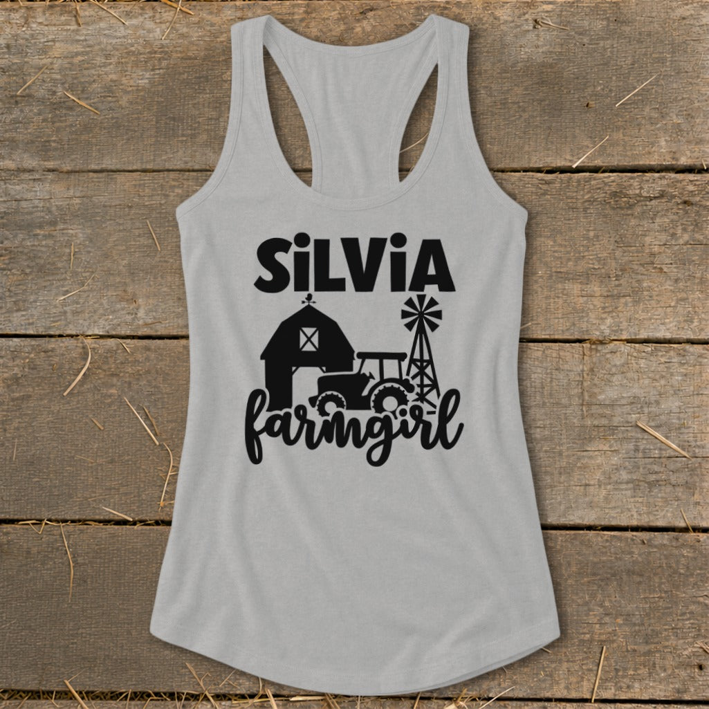 Gray tank top with "SILVIA farmgirl" and farm imagery graphic.