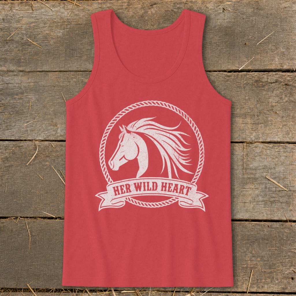 Red tank top with distressed white horse graphic and "Her Wild Heart" text.