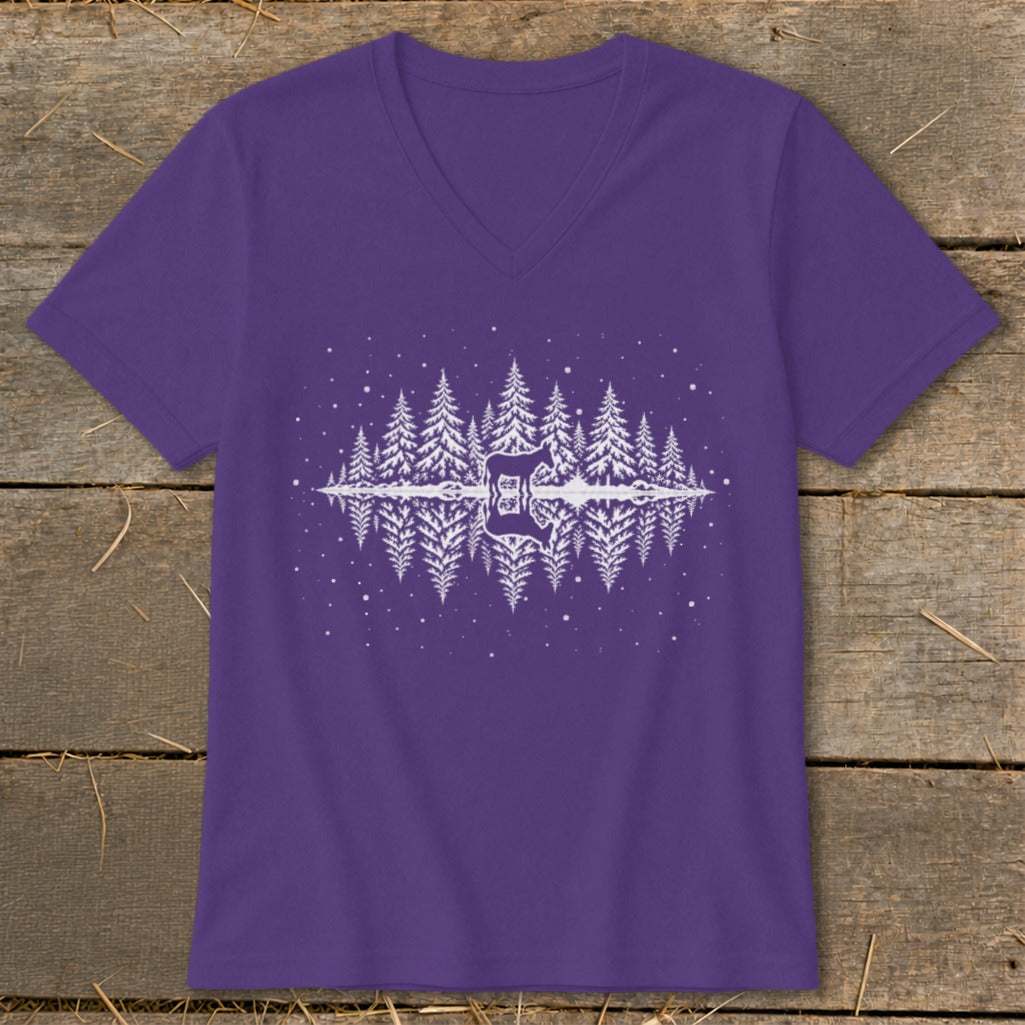 Purple v-neck t-shirt with a white forest and reflection graphic with a stylized 'E'.