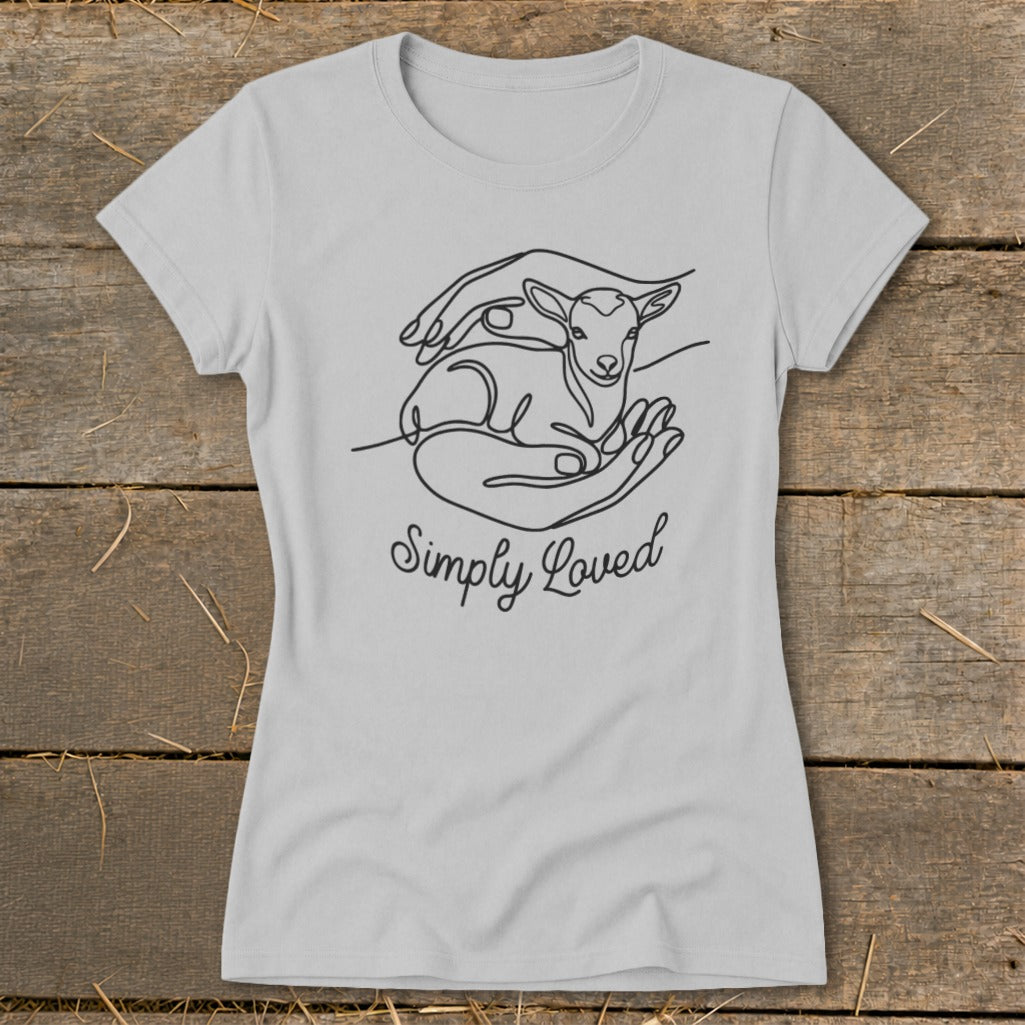 Line art of a lamb in cupped hands with text "Simply Loved".