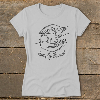 Line art of a lamb in cupped hands with text "Simply Loved".