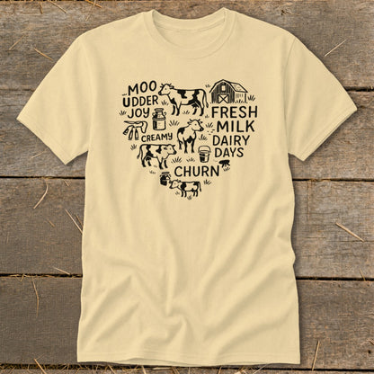 Cream t-shirt with black farm heart graphic featuring cows, milk jug, and text.
