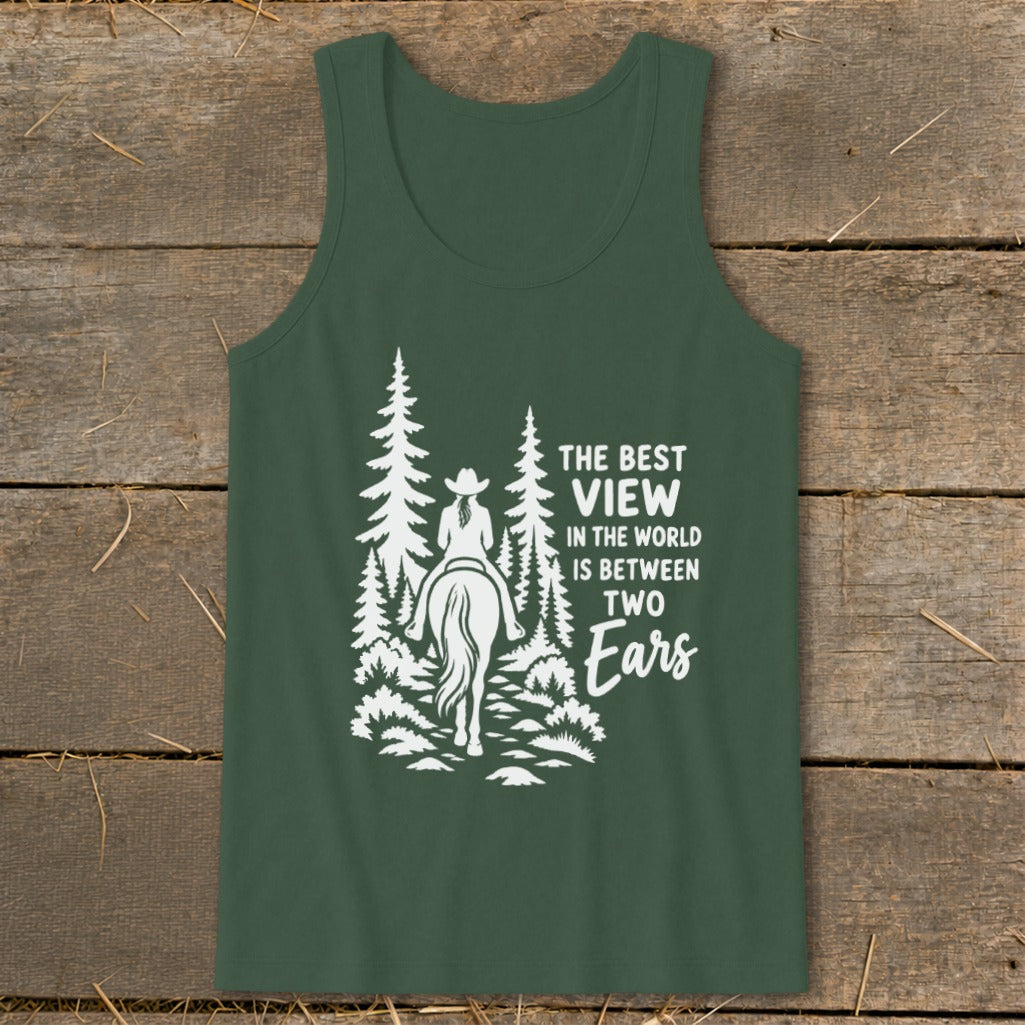 Dark green tank top featuring a white graphic of a horseback rider and pine trees with text.