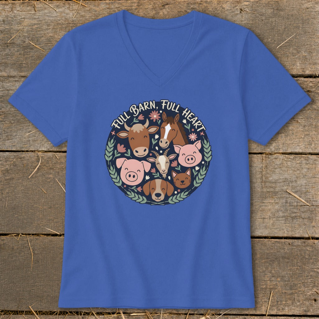 Blue t-shirt with circular farm animal graphic and text "FULL BARN, FULL HEART".