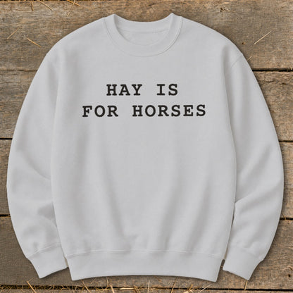 Light gray sweatshirt with black text that reads "HAY IS FOR HORSES".