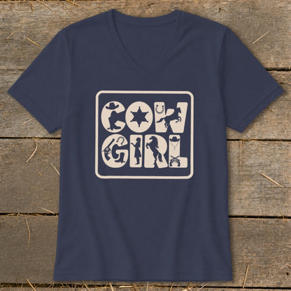 Navy t-shirt with cream text and icons reading "Cow Girl."