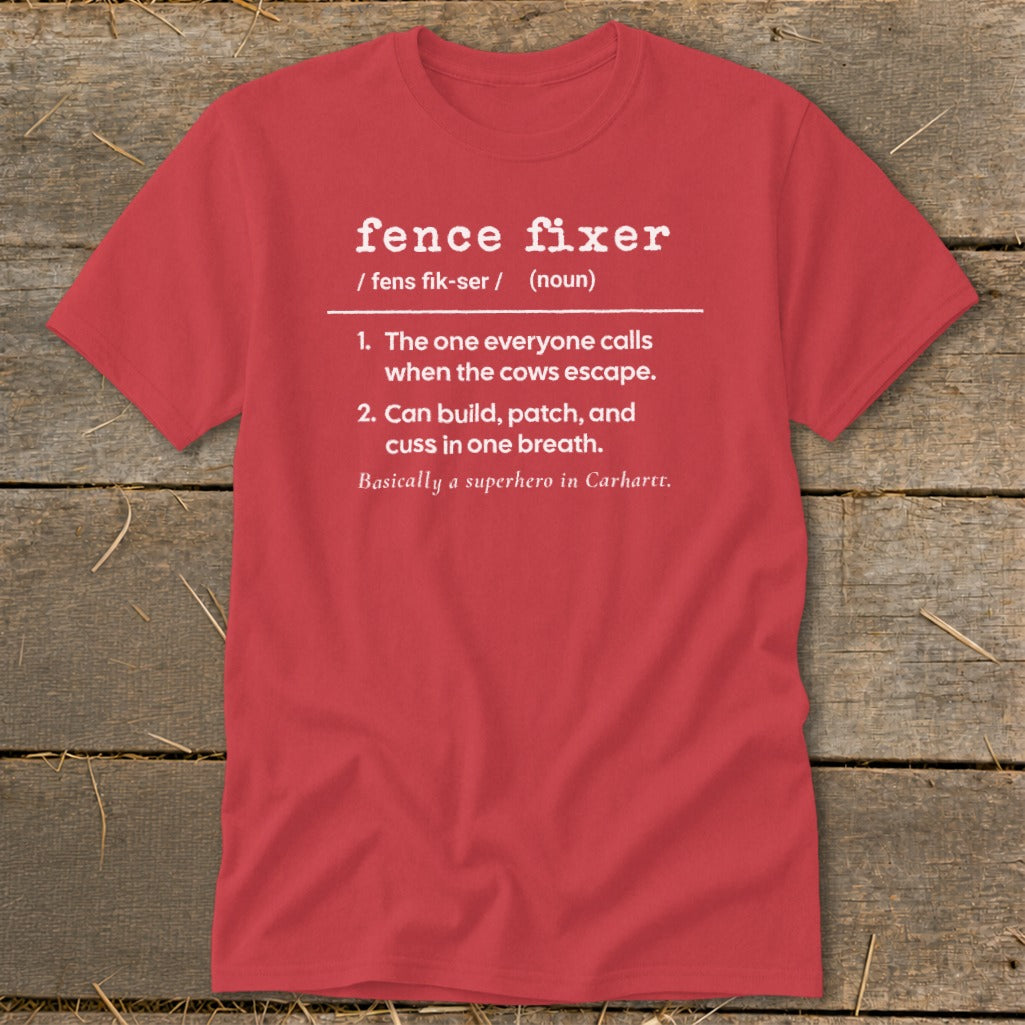 Red t-shirt with "Fence Fixer" definition: superhero in Carhartt.