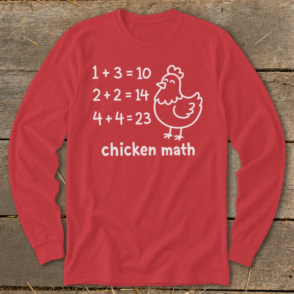 Red long-sleeve shirt with "chicken math" equations and a cartoon chicken graphic.