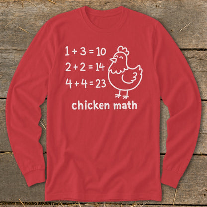 Red long-sleeve shirt with "chicken math" equations and a cartoon chicken graphic.