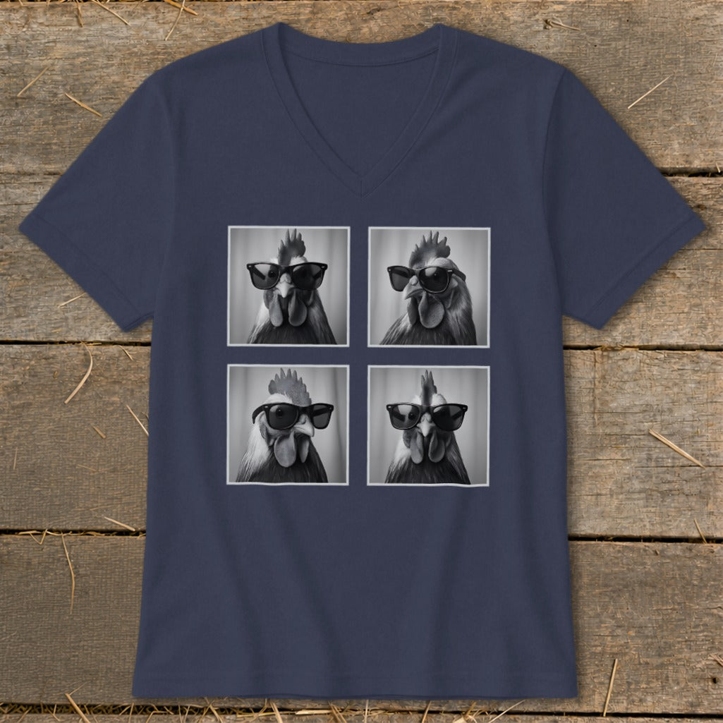 Four black and white portraits of roosters wearing sunglasses on a navy t-shirt.