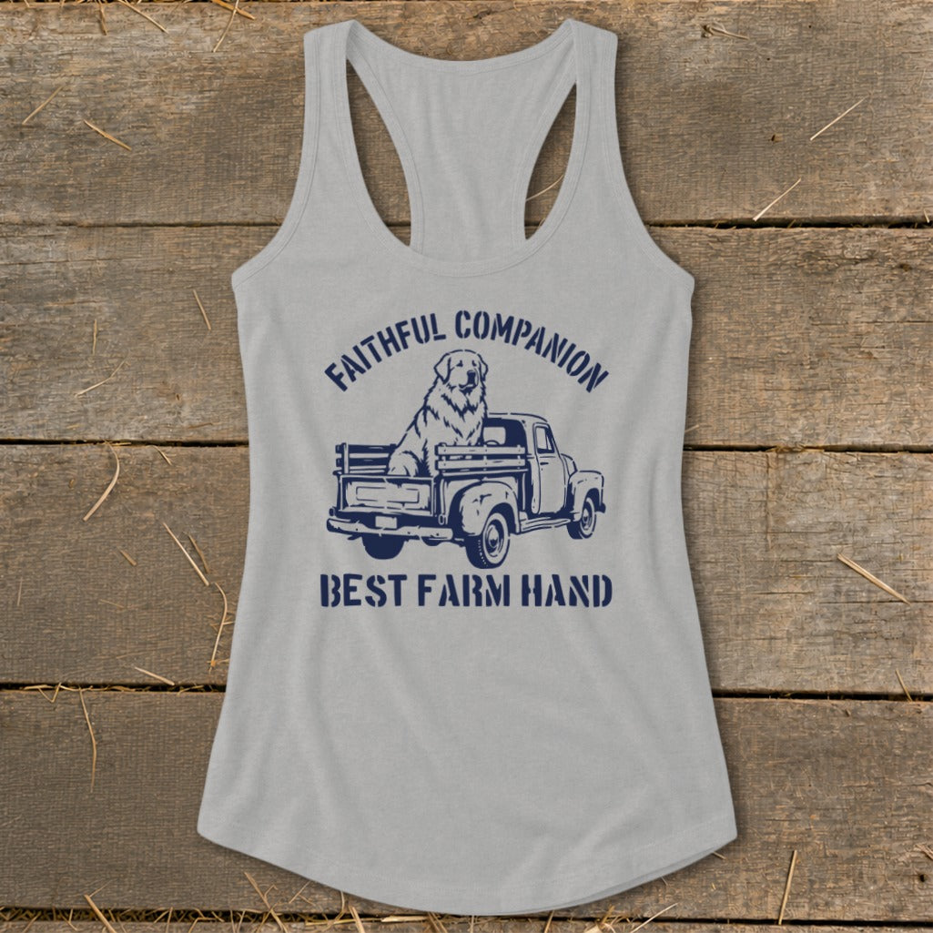 Grey tank top with "FAITHFUL COMPANION BEST FARM HAND" and dog in truck graphic.