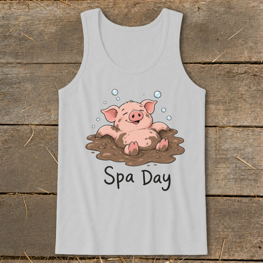 Light grey tank top with illustration of a happy pig in mud with text "Spa Day".