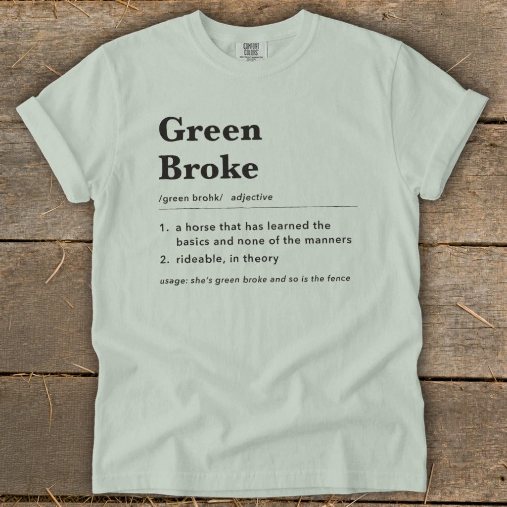A light sage green t-shirt with black dictionary definition text printed on the front.