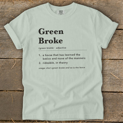 A light sage green t-shirt with black dictionary definition text printed on the front.