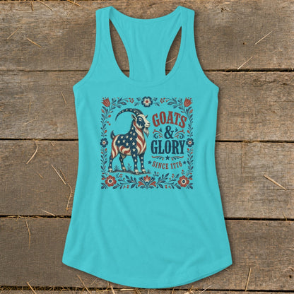 Turquoise tank top with "Goats & Glory Since 1776" graphic featuring an American flag goat.