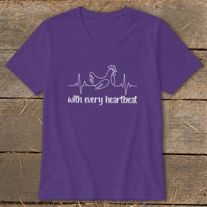 Purple t-shirt with white chicken heartbeat graphic and text "with every heartbeat".