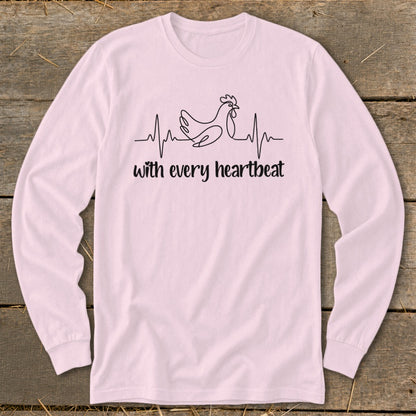 Pink long-sleeve shirt with a chicken and heartbeat graphic and text.