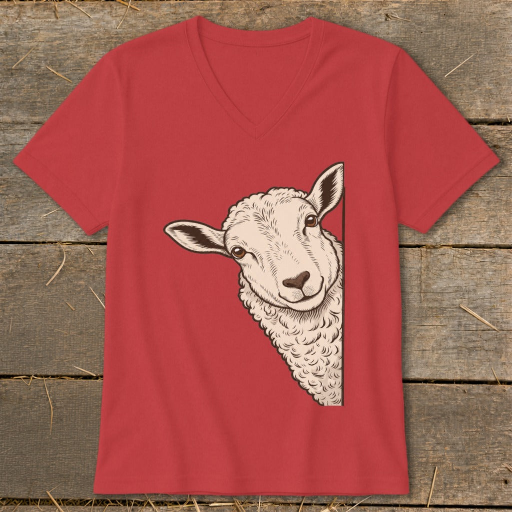 Red v-neck t-shirt with a drawing of a sheep peeking from the side.