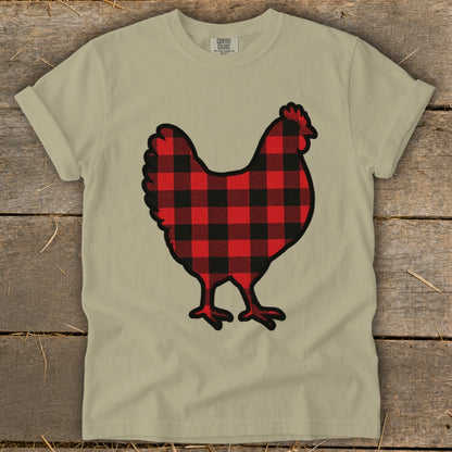 T-shirt with a buffalo plaid chicken graphic and Comfort Colors logo.