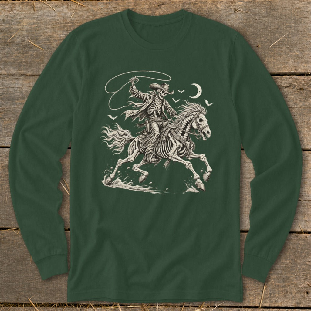 Skeleton cowboy riding a skeletal horse with a lasso under a crescent moon.