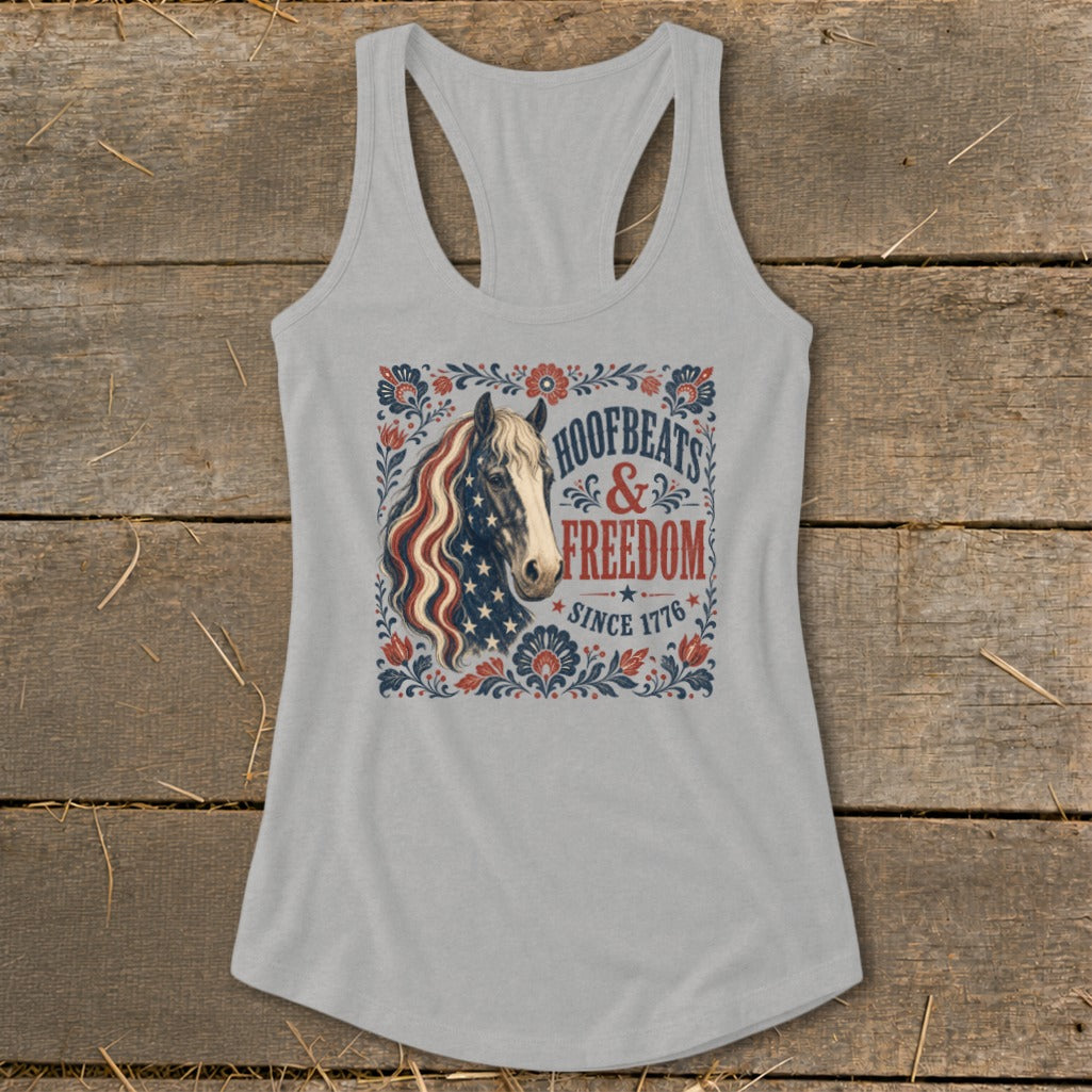 Light grey tank top with patriotic horse graphic and text "HOOFBEATS & FREEDOM SINCE 1776".