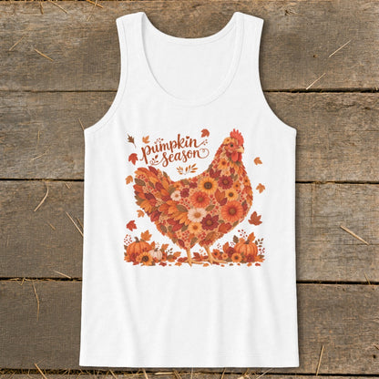 White tank top with floral chicken graphic and "pumpkin season" text.