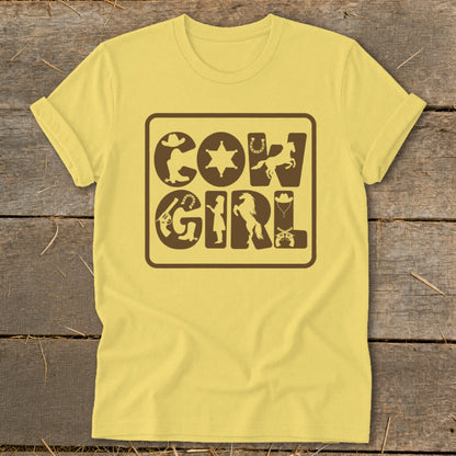 Yellow t-shirt with brown "Cowgirl" text design featuring western icons.