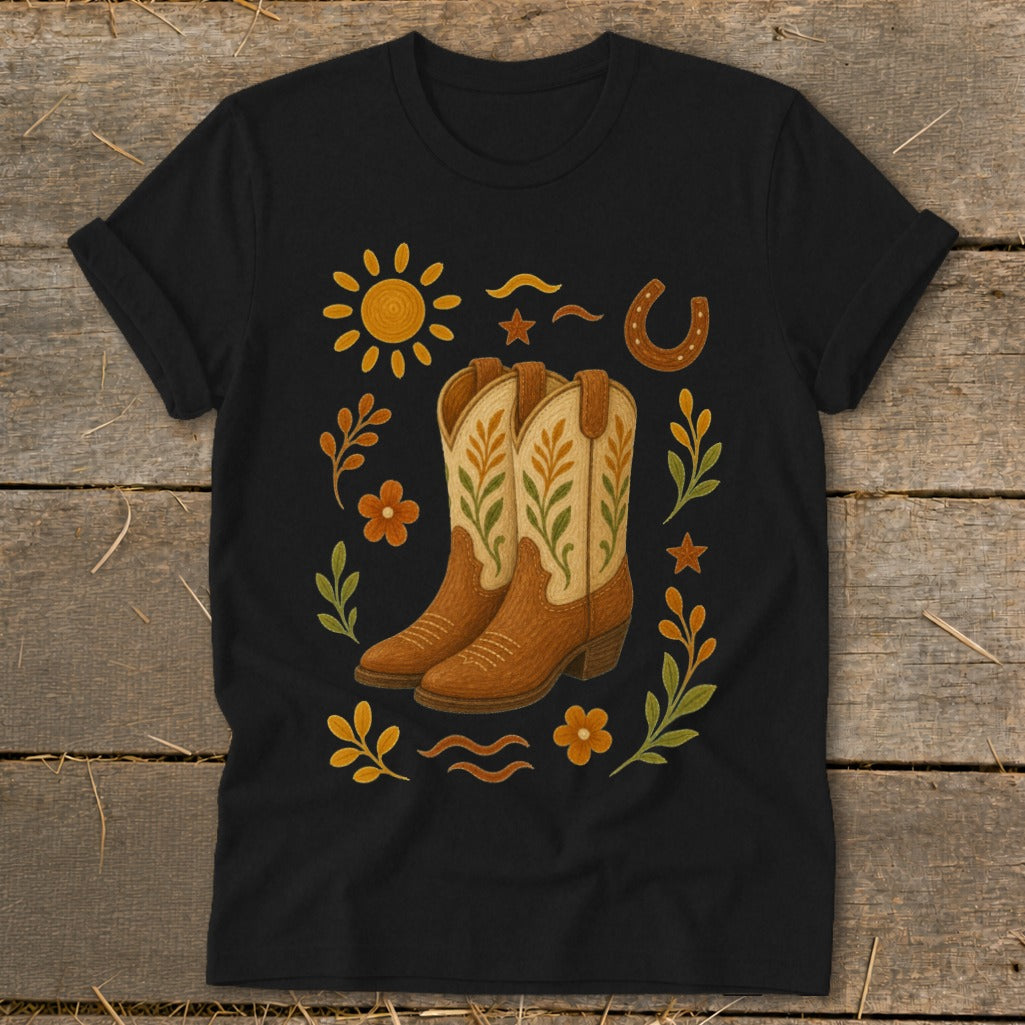 Black t-shirt with a graphic of brown cowboy boots surrounded by sun, horseshoe, flowers, and leaves.