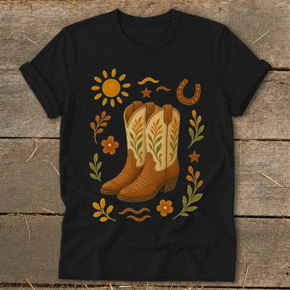 Black t-shirt with a graphic of brown cowboy boots surrounded by sun, horseshoe, flowers, and leaves.