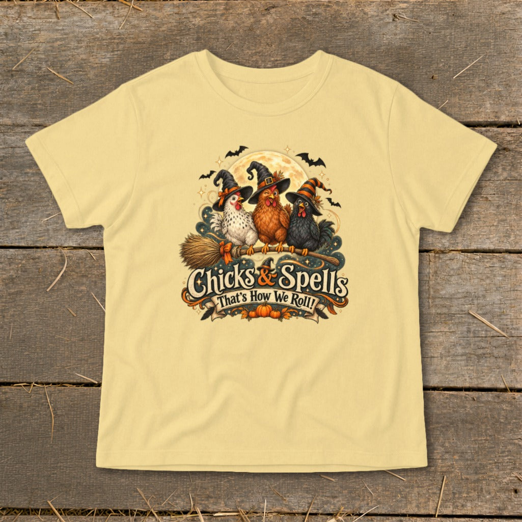 Three witch-hatted chickens on a broom with "Chicks & Spells" text.