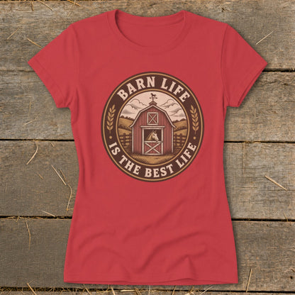 Red t-shirt with circular graphic featuring a barn and horse, reading "Barn Life Is The Best Life".