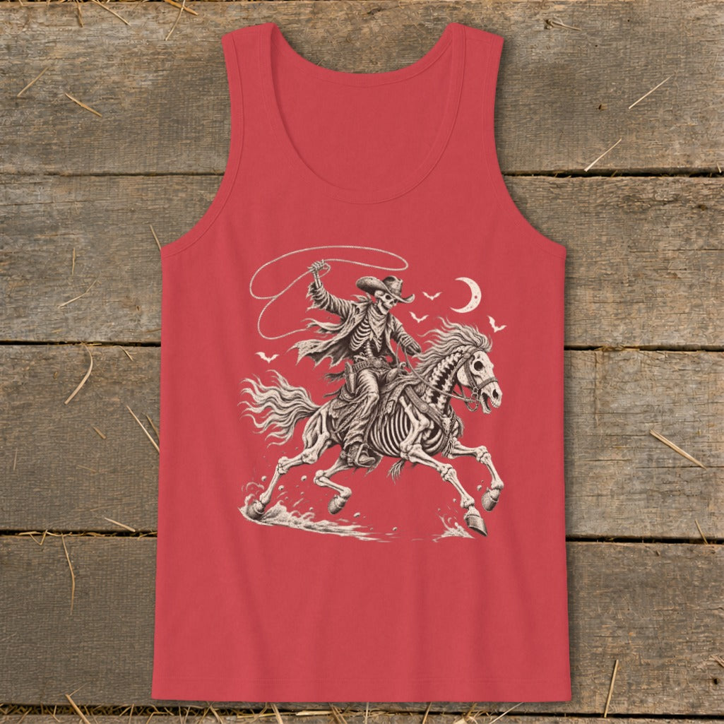 Skeleton cowboy riding a horse with a lasso on a red tank top.