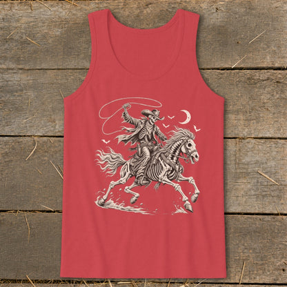 Skeleton cowboy riding a horse with a lasso on a red tank top.