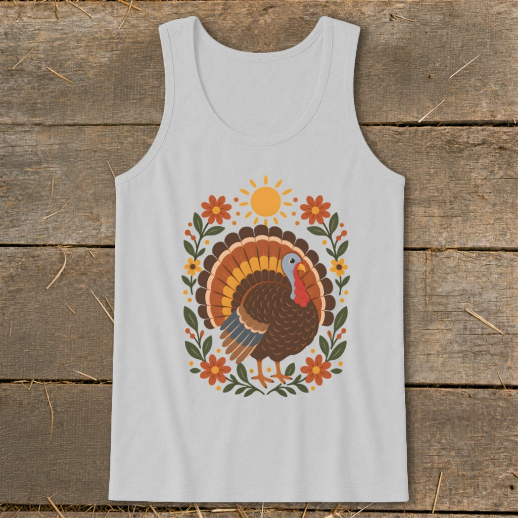 Light grey tank top with a colorful turkey and floral design.