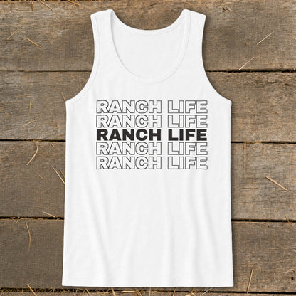 White tank top featuring the repeated text Ranch Life in black outline and solid font against a rustic wooden background.