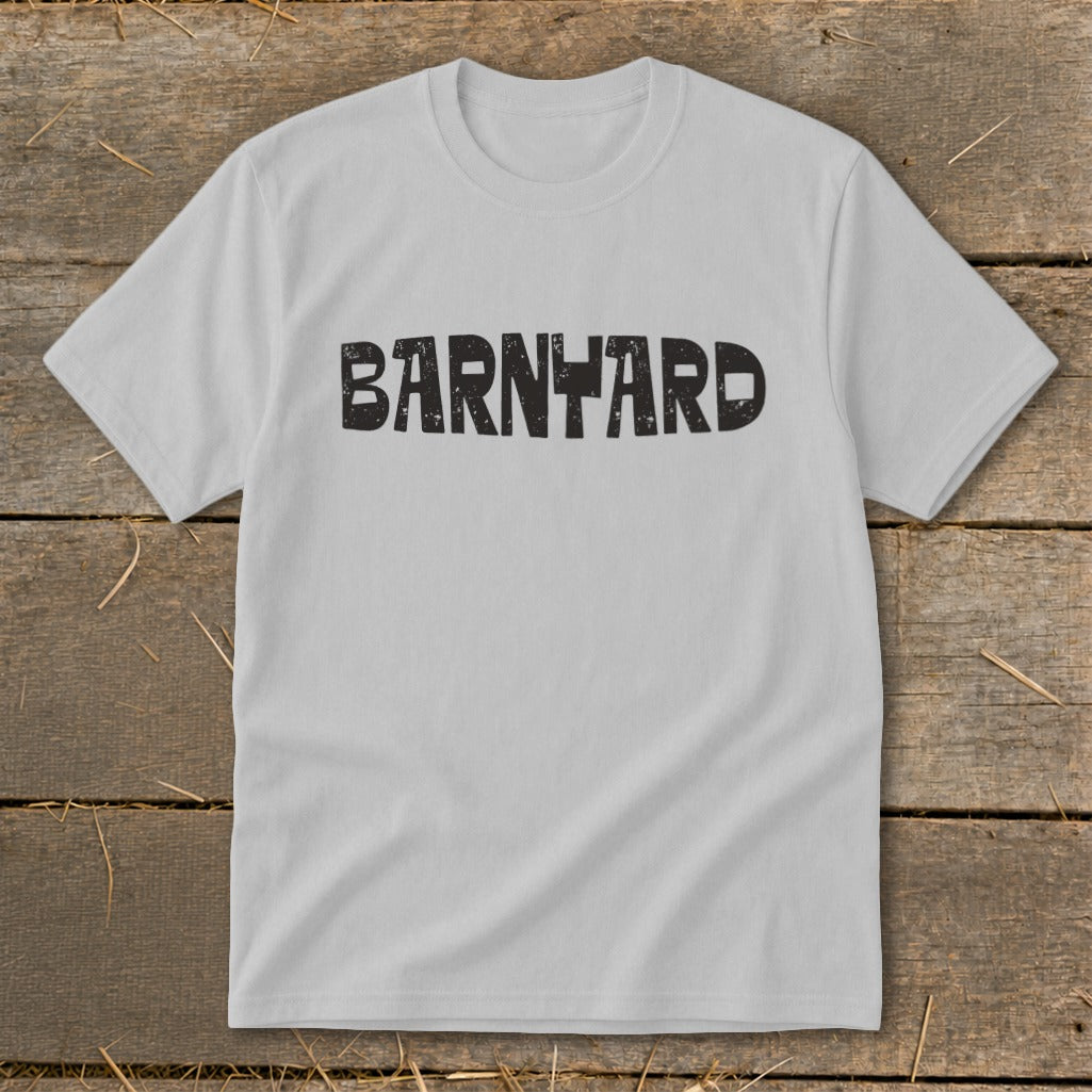 A light gray crewneck t-shirt featuring the word BARNYARD printed in distressed black lettering across the chest.
