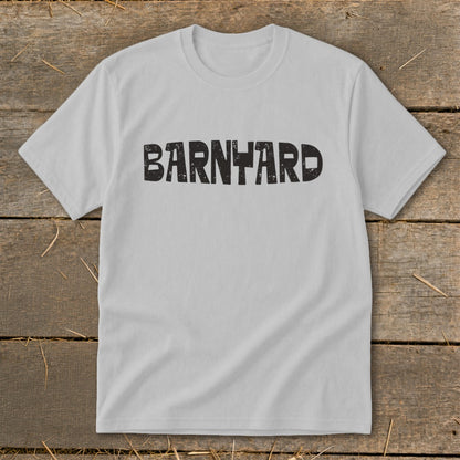 A light gray crewneck t-shirt featuring the word BARNYARD printed in distressed black lettering across the chest.