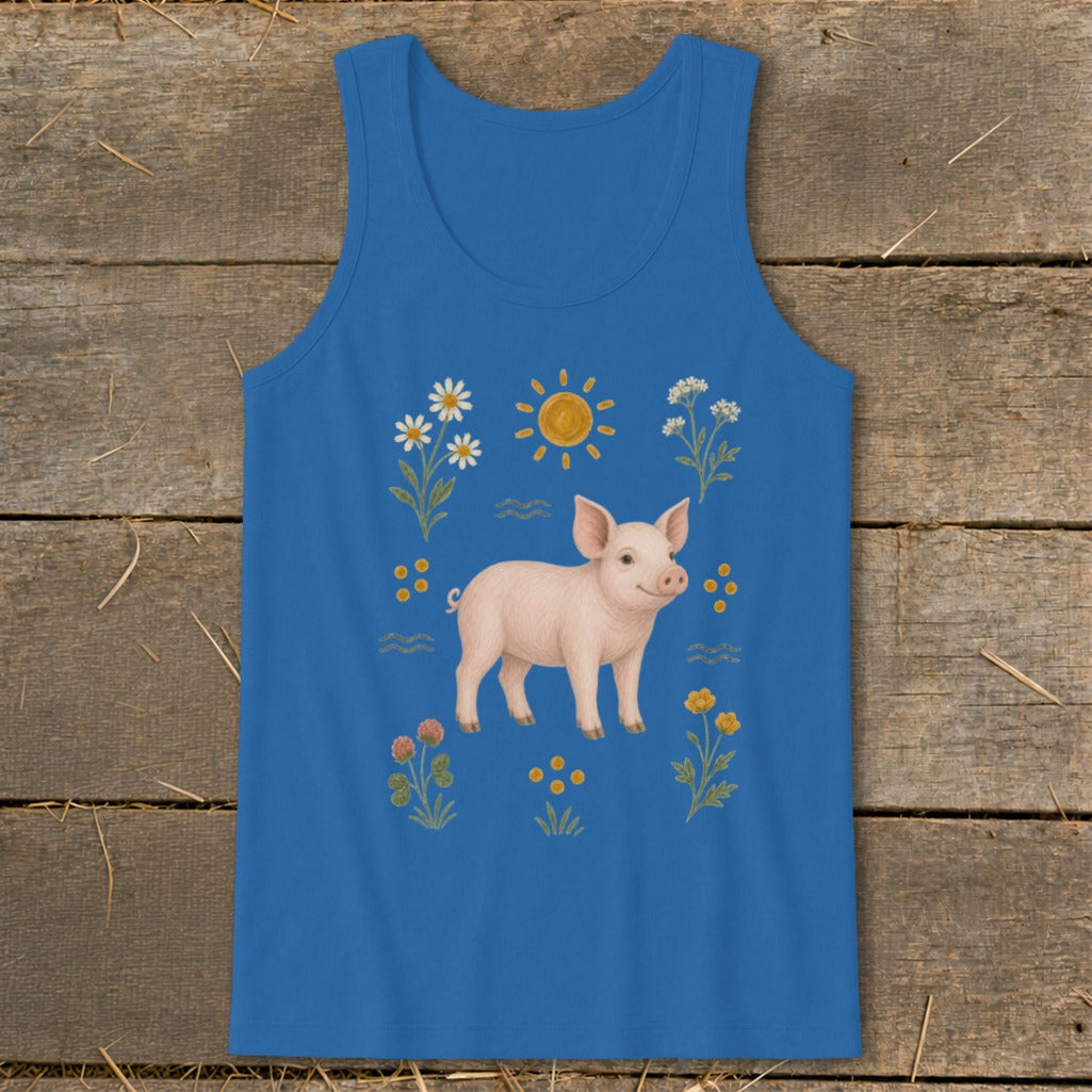 Blue tank top with a pink pig and floral illustrations.