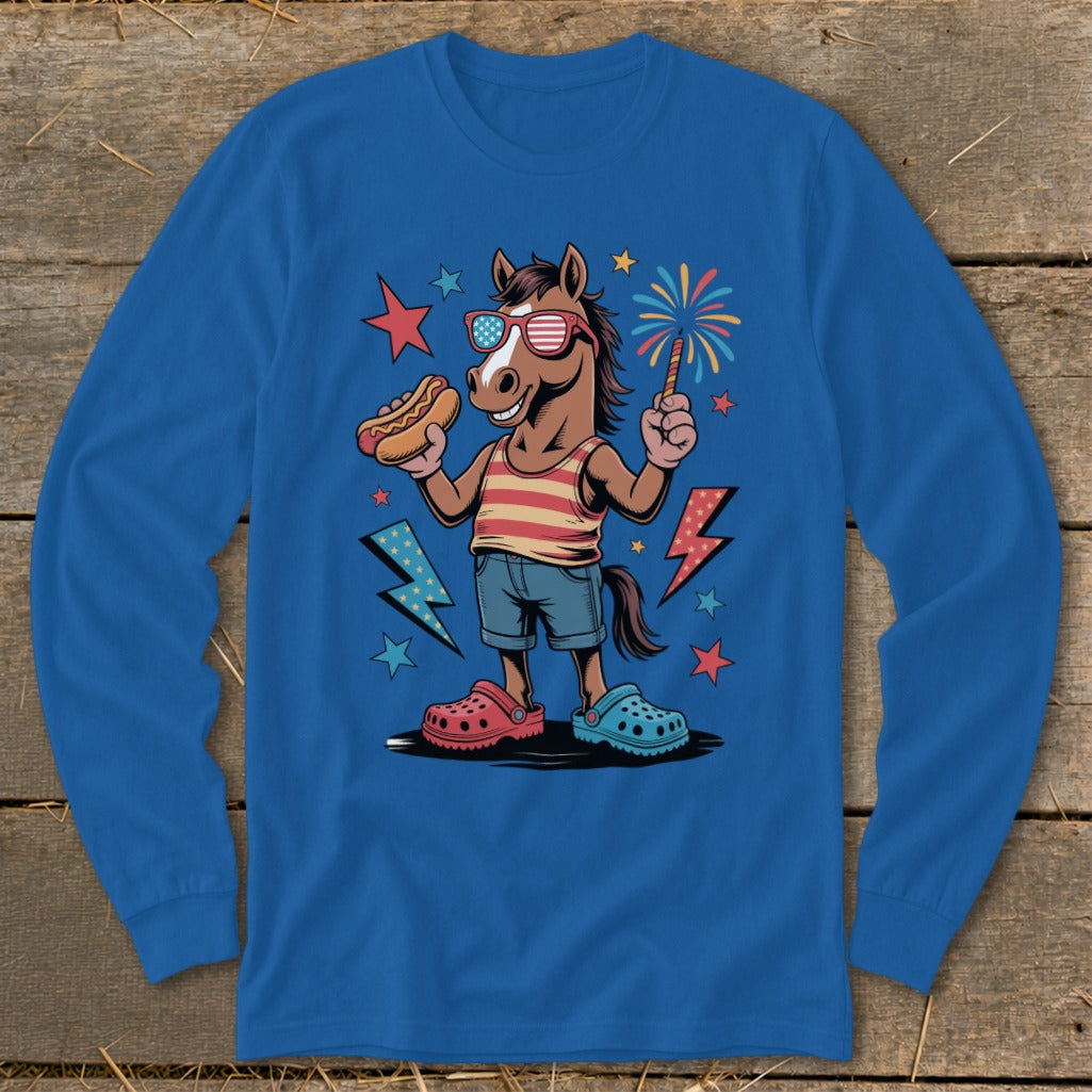 Cartoon horse in patriotic sunglasses holding a hot dog and firework.