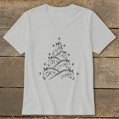 Light gray v-neck t-shirt with a black line art Christmas tree made of horses.