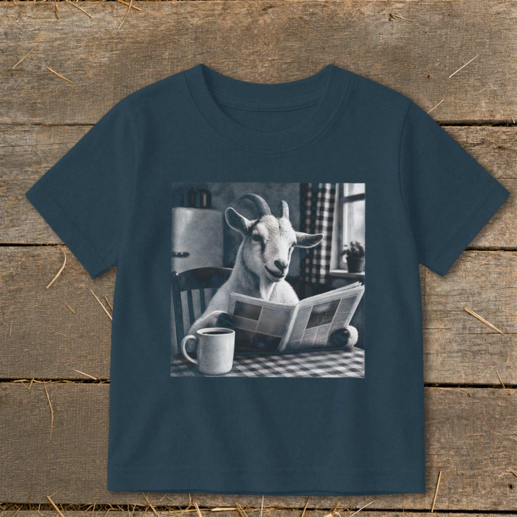 Dark blue short-sleeved t-shirt featuring a black and white graphic of a goat reading a newspaper at a kitchen table.