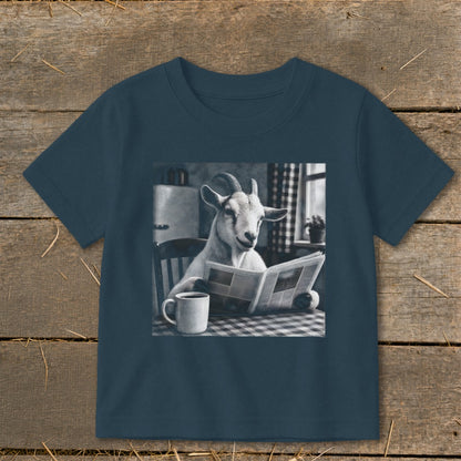 Dark blue short-sleeved t-shirt featuring a black and white graphic of a goat reading a newspaper at a kitchen table.